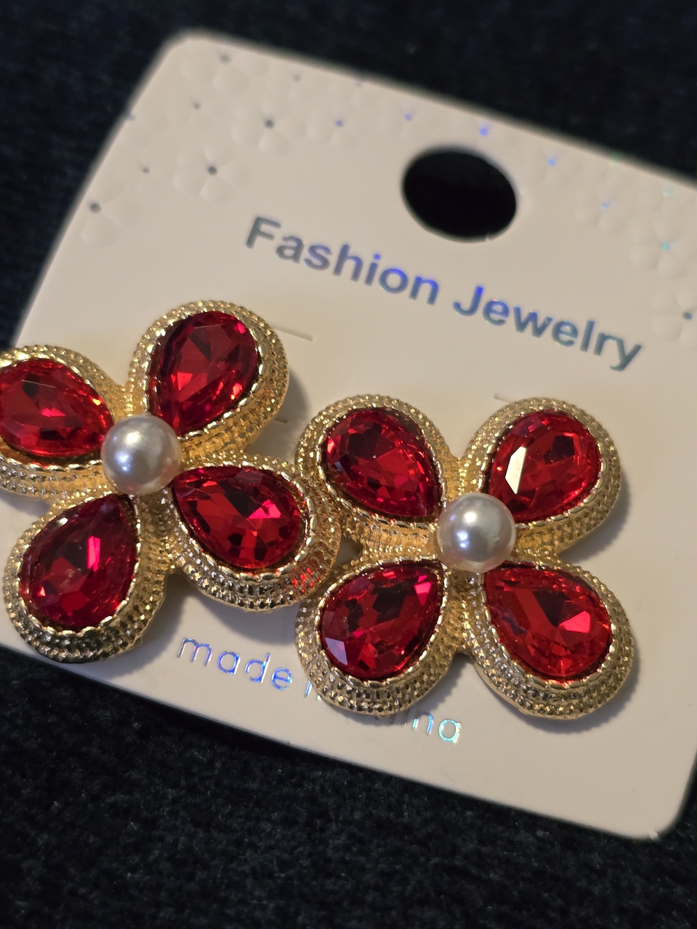 Vintage Style Gold Red Crystal Flower Faux Pearl Statement Earrings Bold